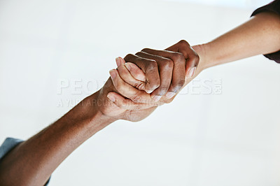 Buy stock photo Business people, handshake and agreement deal or support with solidarity, commitment or unity. Trust, below and partnership respect with white background or corporate growth, help or community