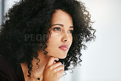 Buy stock photo Beautiful, stunning and attractive female fashion designer thinking in a busy workshop or studio. Closeup of a young fashion creative contemplating and thoughtful while sitting inside an office