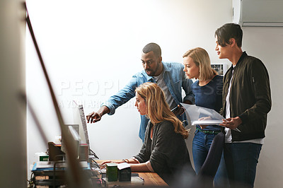 Buy stock photo Group training, workshop and learning to brainstorm ideas and collaborate. Young diverse focused employees working as a team in the office. Coaching, mentor and feedback from staff in workplace.