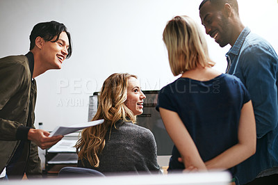 Buy stock photo Creative, design or marketing team meeting in the office and working on a project with teamwork, unity and togetherness. Group of colleagues planning, brainstorming and discussing ideas in a startup
