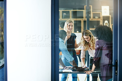 Buy stock photo Business people, teamwork or planning with meeting in office for brainstorming, writing ideas or strategy. Creative, employees or happy with collaboration in boardroom with paperwork, tech or project