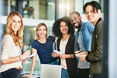 Buy stock photo Portrait of a group of happy colleagues having a meeting at work
