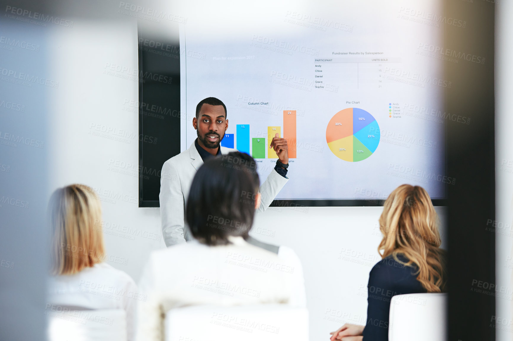Buy stock photo Education, training and learning on screen in business boardroom meeting to analyze data, charts or reports. Manager with team of executives in planning, brainstorm workshop and strategy presentation