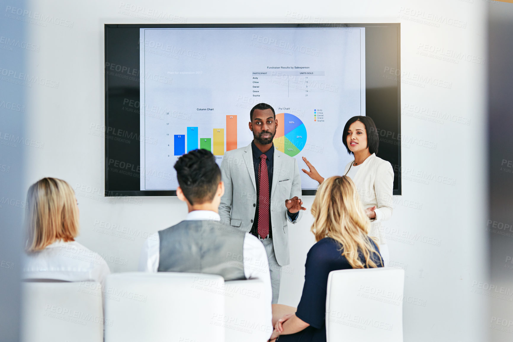 Buy stock photo Business people, coach and chart with screen for presentation, meeting or corporate statistics at seminar. Businessman and speaker talking to group of employees on company revenue, growth or profit