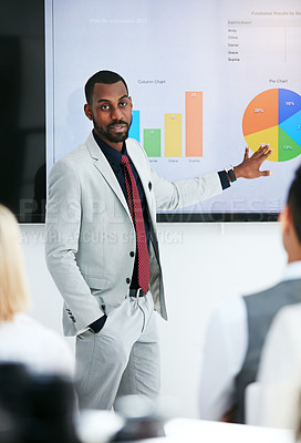 Buy stock photo Black man, coach and chart with screen for presentation, meeting or corporate statistics at seminar. Businessman, manager or speaker talking to group of employees on company revenue, growth or profit