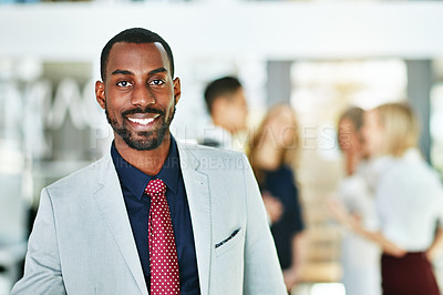 Buy stock photo Manager, leader and boss standing with diverse team of executives in office background. Portrait of confident, successful or proud ceo with happy, smiling and cheerful face expression after a meeting