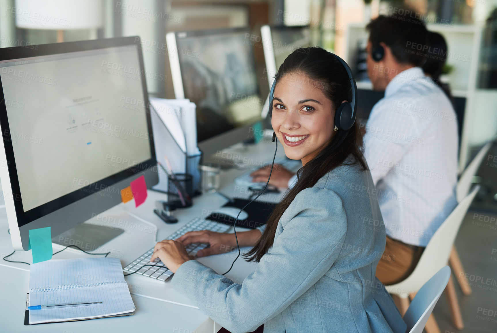 Buy stock photo Portrait of a happy and confident young woman working in a call center