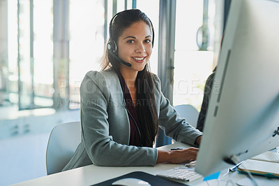 Buy stock photo Call center, computer and smile with portrait of woman in office for customer support, advisory and online. Technology, internet and receptionist with employee for contact us, communication and crm
