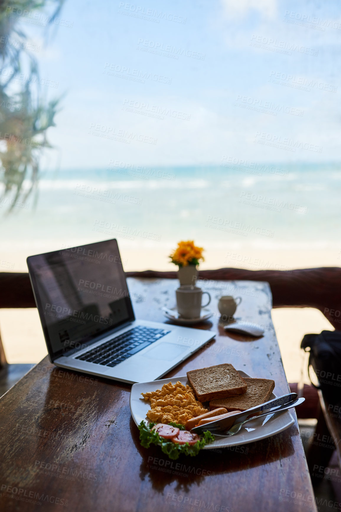 Buy stock photo Laptop, beach or empty table at restaurant at remote online workspace in the morning connection. Background, internet or luxury seaside cafe for digital blog online with brunch meal, coffee or food