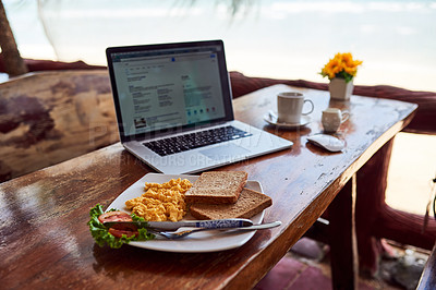 Buy stock photo Cafe food, laptop or breakfast by a beach for remote workspace in the morning with connection. Desk, seaside restaurant or table in coffee shop for digital blog online with brunch meal or lunch 