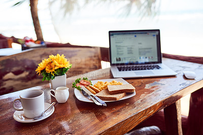 Buy stock photo Laptop, travel or empty table at cafe for remote workspace in the morning with connection. Background, internet or seaside view coffee shop for digital blog online with brunch meal, tea or food