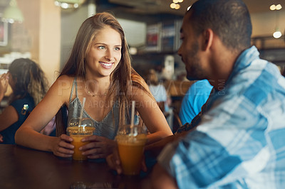 Buy stock photo Couple, lunch date and happy in restaurant together, relationship and bonding with healthy drinks in cafe. Commitment, love and conversation on weekend break, trust and loyalty with people or relax