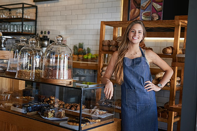 Buy stock photo Bakery, counter and portrait of woman in cafe ready for serving pastry, bread and baked foods for small business. Restaurant, coffee shop and happy waiter or barista for service, help and welcome