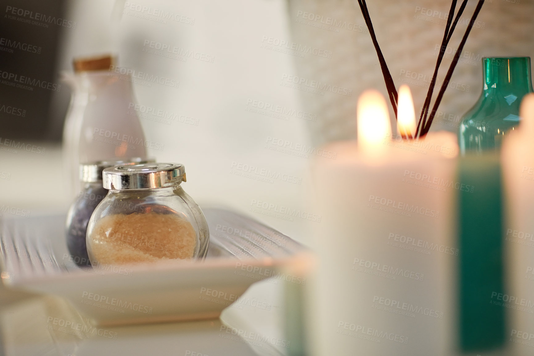 Buy stock photo Closeup shot of various pampering essentials in a spa