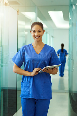 Buy stock photo Healthcare, nurse and portrait with tablet in hospital for medical research, telehealth and digital consultation. Woman, professional and smile in corridor with tech for medicare schedule and results