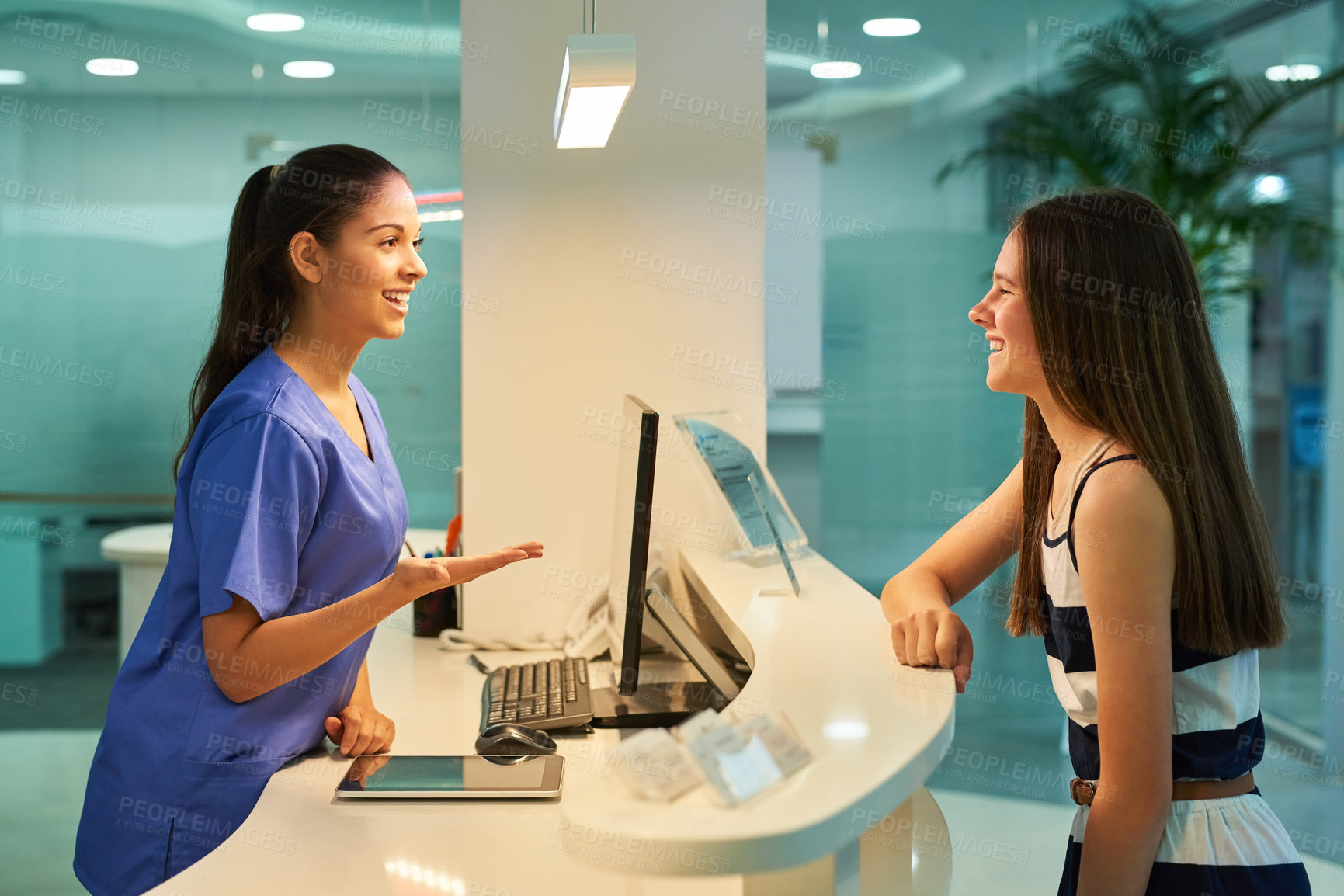 Buy stock photo Medical, reception and nurse with patient in hospital for advice, help and information. Medicine, happy and healthcare with women at desk in clinic for nursing, waiting room and service