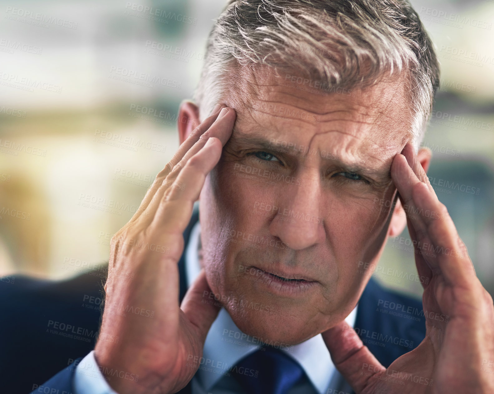 Buy stock photo Portrait, mature and businessman in office with headache, tension and stress for project. Ceo, financial advisor and pain from anxiety for deadline, career review and burnout or health in workplace 