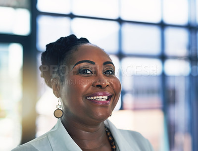 Buy stock photo Portrait of a happy businesswoman posing alone in the office