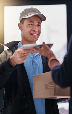 Buy stock photo Smile, courier and delivery man with tablet by door for ecommerce, exchange and digital receipt. Dropshipping, b2c service and people with package in house for product, distribution and signature