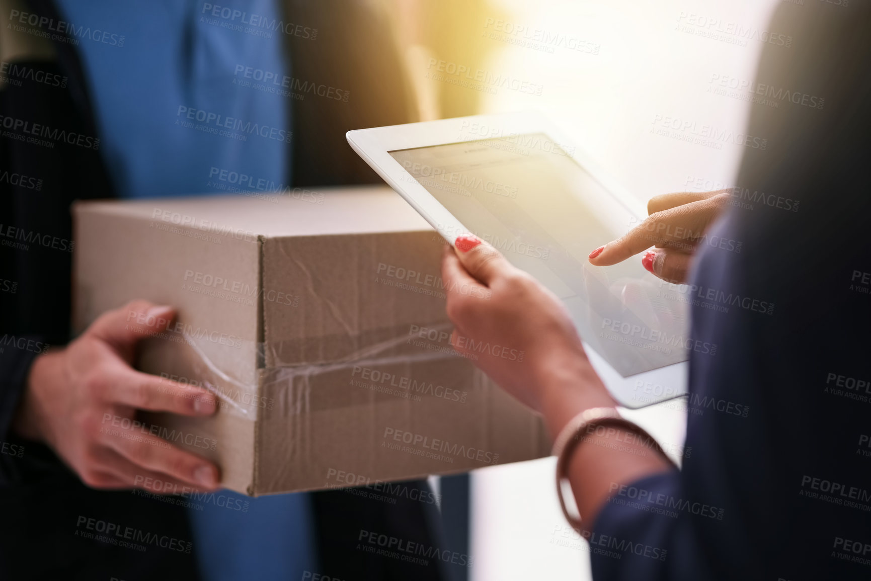 Buy stock photo Tablet, delivery man hands with package and woman at home with signature for ecommerce. Online shopping or logistics courier, male person with shipping product and customer making payment for box