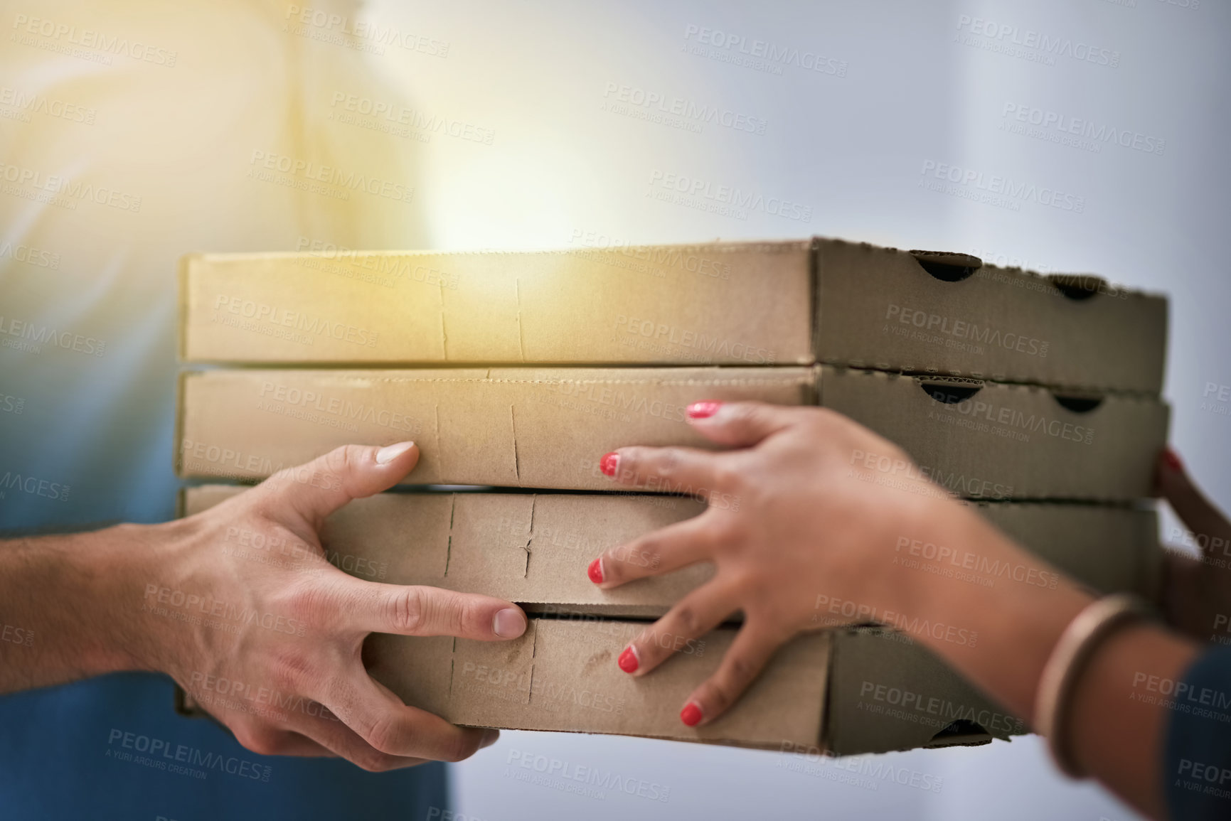 Buy stock photo Ecommerce, delivery man with pizza box and woman hands for collection at her home. Online shopping exchange or courier logistics, shipping box and male person dropping food for female customer 