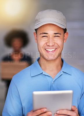 Buy stock photo Portrait of a happy delivery man making a delivery to a businesswoman in her office