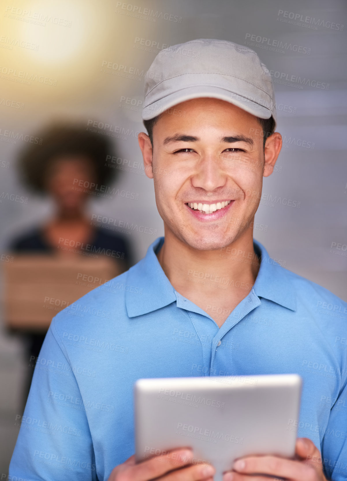 Buy stock photo Portrait of a happy delivery man making a delivery to a businesswoman in her office