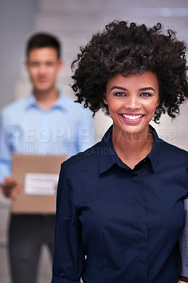 Buy stock photo Portrait of a happy delivery woman making a delivery to a businessman in his office
