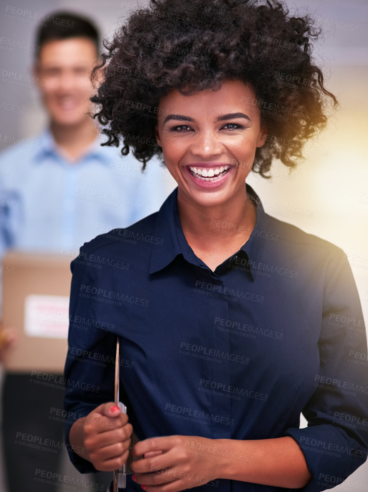 Buy stock photo Portrait of a happy delivery woman making a delivery to a businessman in his office