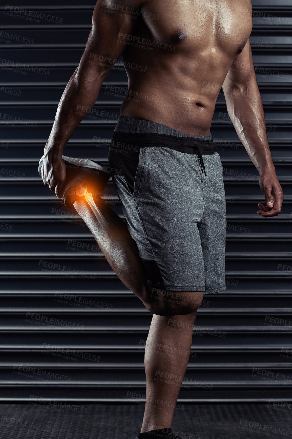 Buy stock photo Fitness, gym and man with ankle injury, accident or medical emergency for pain in training. Red glow, athlete and body of male person with muscle sprain in leg for cardio workout in sports center.