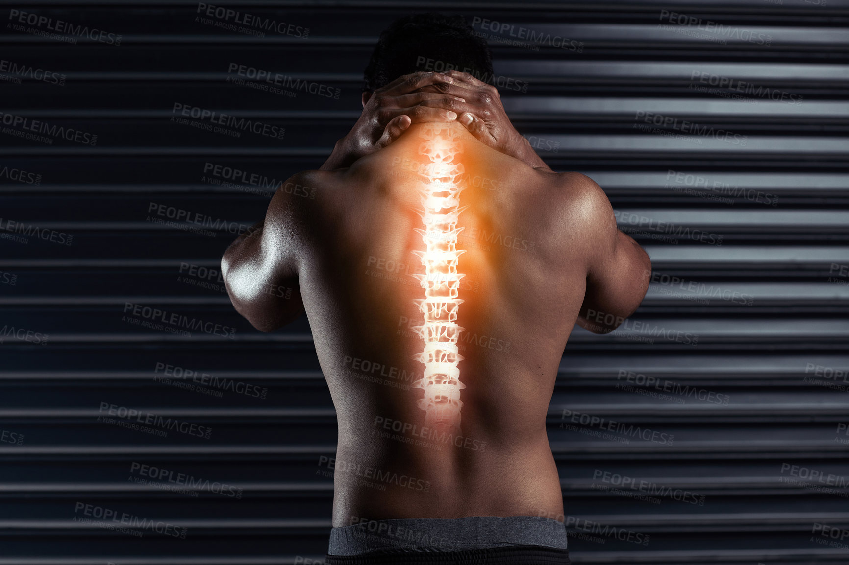 Buy stock photo Back, xray and pain in spine with man by black background for injury, workout and accident in gym. Bodybuilder, athlete and wellness or anatomy for training, exercise and neck fracture in studio