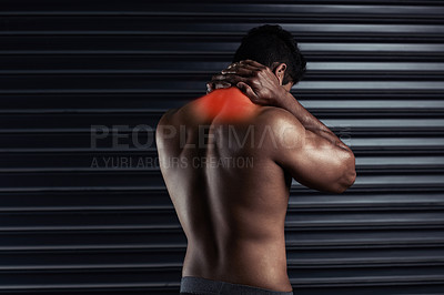 Buy stock photo Back, xray and hands on neck with man by black background for injury, workout and accident in gym. Bodybuilder, athlete and wellness or anatomy for training, exercise and red fracture in studio