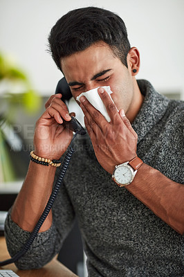 Buy stock photo Phone call, sneeze and blowing nose with a man using a tissue closeup in a home for relief from allergy symptoms. Sick, cold or influenza and a person talking with a virus due to pollen or hay fever