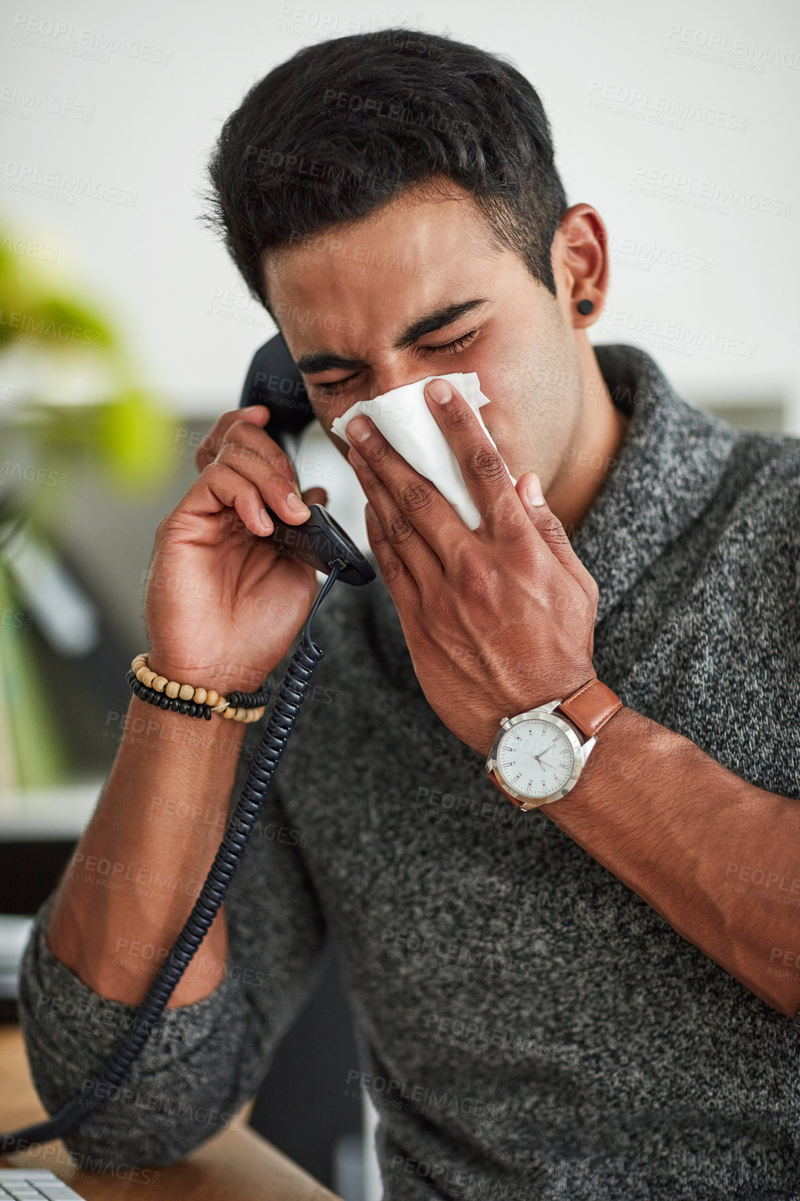Buy stock photo Phone call, sneeze and blowing nose with a man using a tissue closeup in a home for relief from allergy symptoms. Sick, cold or influenza and a person talking with a virus due to pollen or hay fever