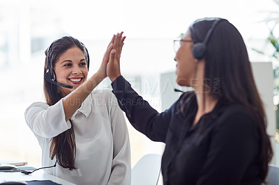 Buy stock photo Call center, high five and people for success, business communication goals and target, sales or teamwork. Agency employees, consultant or women hands together for support, well done and achievement