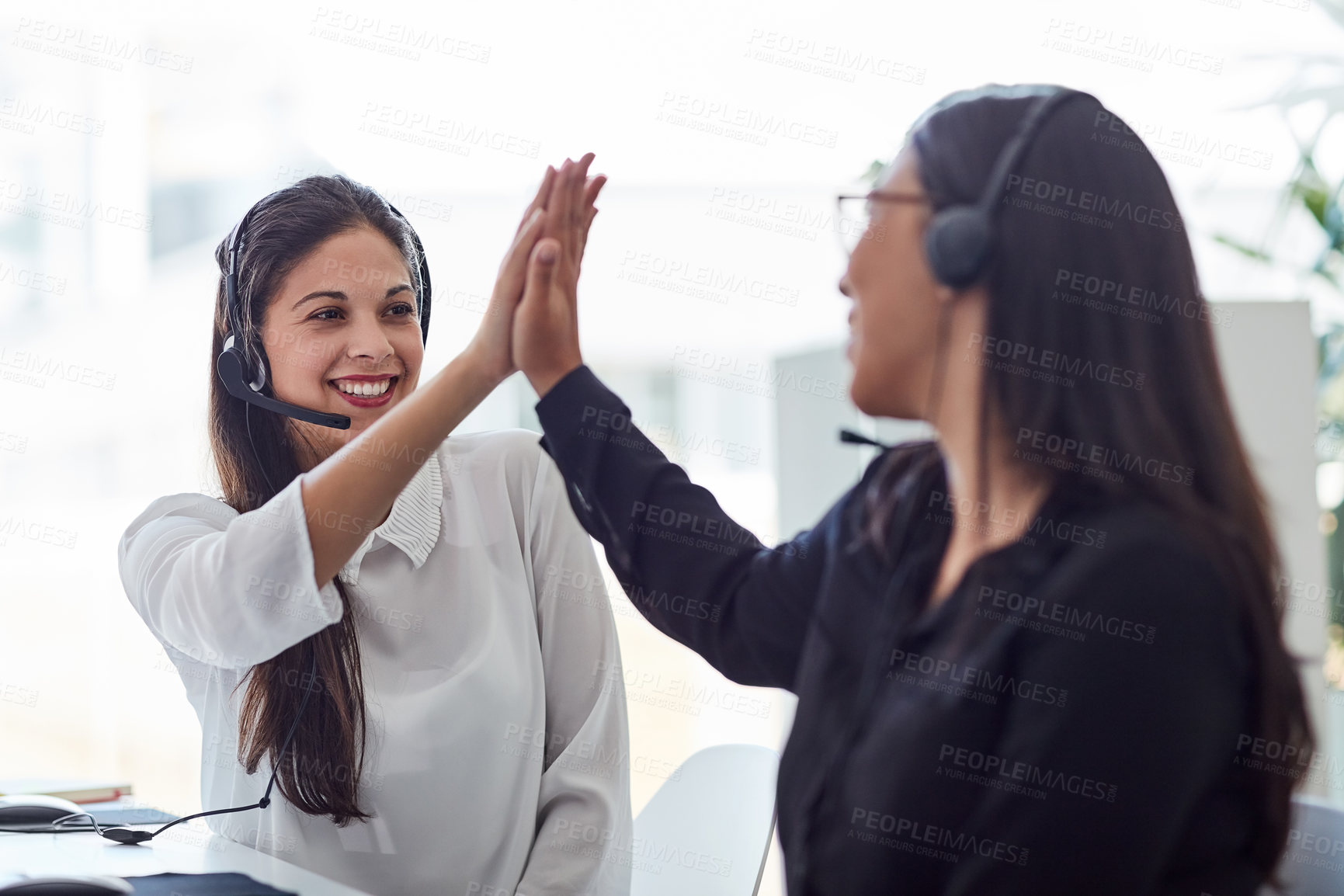 Buy stock photo Call center, high five and people for success, business communication goals and target, sales or teamwork. Agency employees, consultant or women hands together for support, well done and achievement