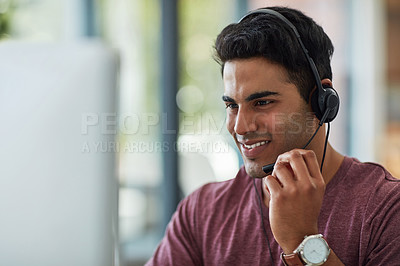 Buy stock photo Business man, call center and computer for technical support, virtual communication and contact in office. Happy consultant or agent in headphones for information technology solution at tech company