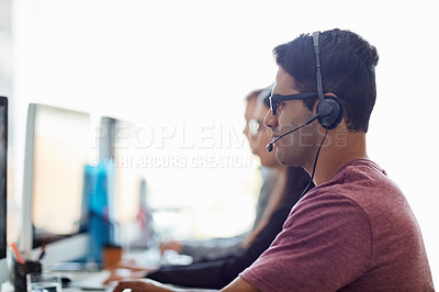Buy stock photo Business man, call center and computer for customer service, sales agency and telemarketing in workspace. Professional consultant, agent or employees in telecom office for contact us and virtual chat