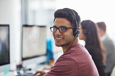 Buy stock photo Man, office and call center portrait for customer service, e commerce sales and telemarketing communication. Face of Mexican consultant or agent on computer, telecom workspace and contact or web chat