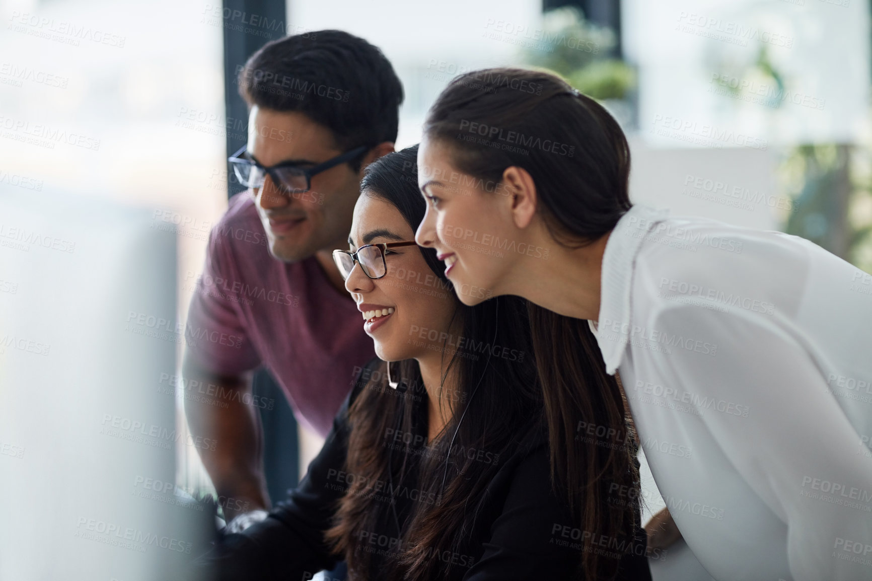 Buy stock photo Computer, women and man at desk with advice, problem solving and online proposal for business plan. Teamwork, manager and consultant in office together for project ideas, opinion and brainstorming