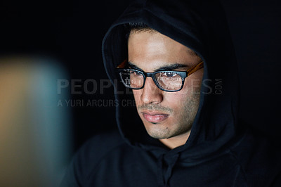 Buy stock photo Hacking, computer and hacker man in hoodie programming, coding software and information technology in dark room. Code analysis, night cybersecurity and programmer or focus person hacking data on pc