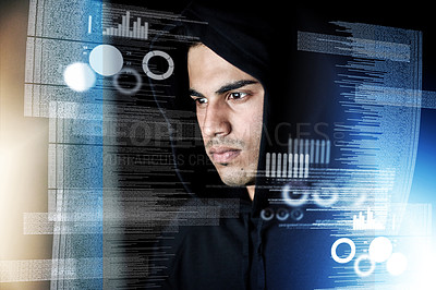 Buy stock photo Data analysis, digital overlay and man, hacker or programmer in night hacking, programming or fintech crime. Software coding, information technology and focus person in hoodie for cybersecurity fraud