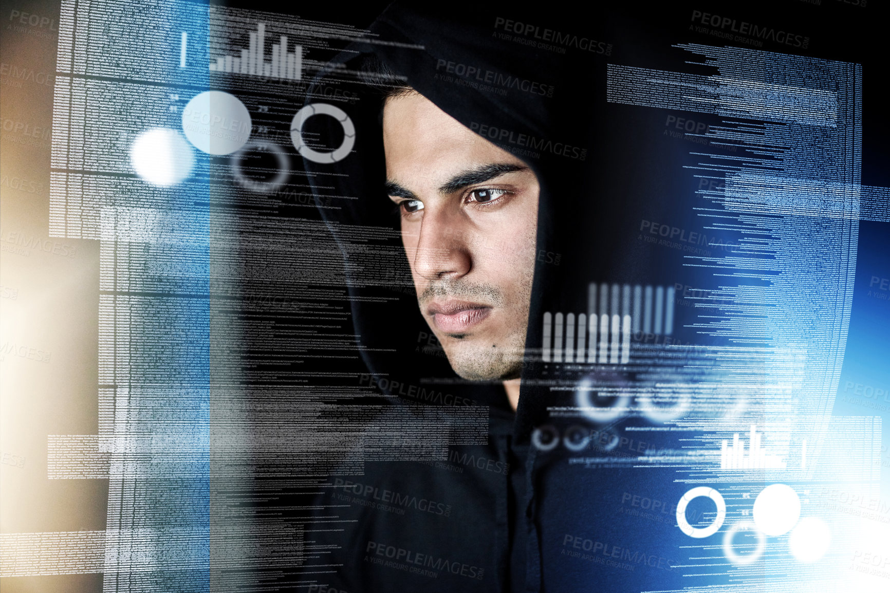 Buy stock photo Data analysis, digital overlay and man, hacker or programmer in night hacking, programming or fintech crime. Software coding, information technology and focus person in hoodie for cybersecurity fraud