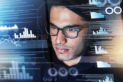 Buy stock photo Data, digital overlay and man, hacker or programmer in night hacking, programming analysis or fintech crime. Software coding, information technology and focus person in hoodie for cybersecurity fraud