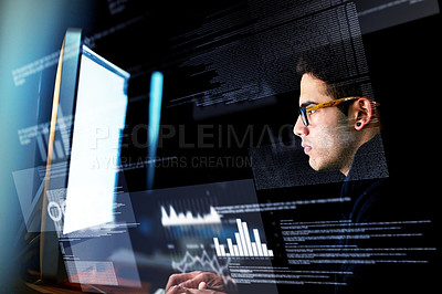 Buy stock photo Computer, data overlay and man for digital programming, night software update or information technology. Focus, research and geek or programmer person on desktop screen or website cybersecurity