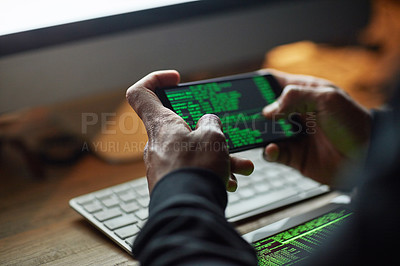 Buy stock photo Hacking, phone screen and man hands for software data, crack code or password and internet or cybersecurity crime. Online, cyber thief and coding system of person or hacker on cellphone or mobile app