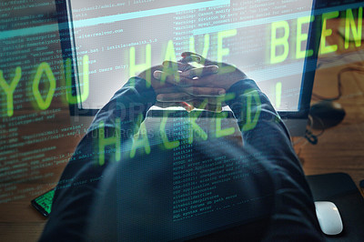 Buy stock photo Hacker, man hands and computer screen for software hacking, coding or programming success at night in digital overlay. Code crack, information technology and programmer person stretching on desktop