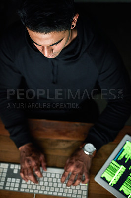 Buy stock photo Hacker, man and computer keyboard in night programming, coding software or password hacking, tablet and dark room. Online code, cyber security and programmer person hacking data on digital tech above