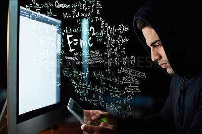 Buy stock photo Phone coding, computer and hacker man with software code, password hacking and math or digital overlay. Online crime, cybersecurity and programmer person in hoodie, mobile app or pc and data hologram