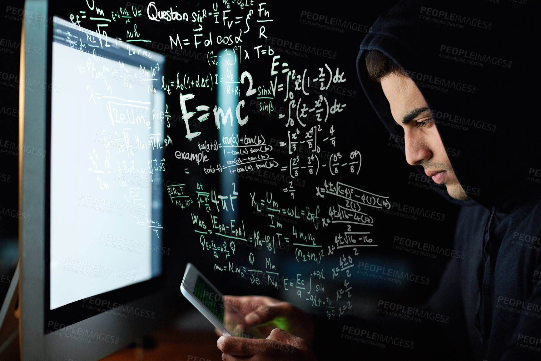 Buy stock photo Phone coding, computer and hacker man with software code, password hacking and math or digital overlay. Online crime, cybersecurity and programmer person in hoodie, mobile app or pc and data hologram